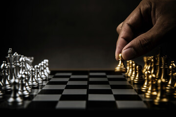 Close up hand choose chess from the golden team on chess board concepts of leadership and business...