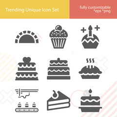 Simple set of baked goods related filled icons.