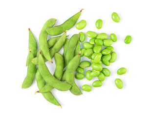 Green soy bean isolated on white background. top view