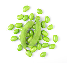Green soy bean isolated on white background. top view