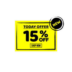 sale tag 15 percent off shop now, banner sale, discount yellow color