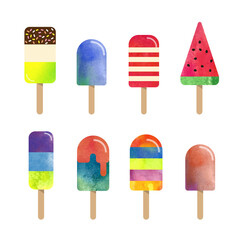 Colorful watercolor delicious dessert sweet food ice popsicle collection
