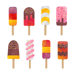 Colorful watercolor delicious dessert sweet food ice popsicle collection