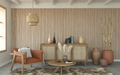 Living room with slatted wood wall and wood furniture, 3d rendering