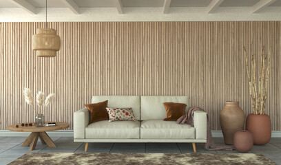 Living room interior with slatted wood wall, 3d rendering 