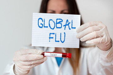 Text sign showing Global Flu. Business photo showcasing Common communicable illness spreading over...