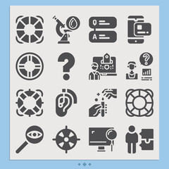 Simple set of enquiry related filled icons.