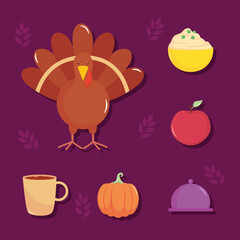 turkey and thanksgiving icon set, flat style