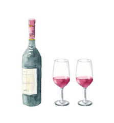 ワインボトルとワイングラス　水彩イラスト