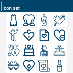 Simple set of love story related lineal icons.