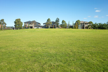 Background texture of green and healthy grass lawn with some two-story modern suburban houses in...