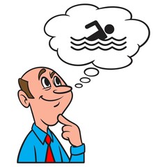 Thinking about Swimming Lessons - A cartoon illustration of a man thinking about taking Swimming Lessons.