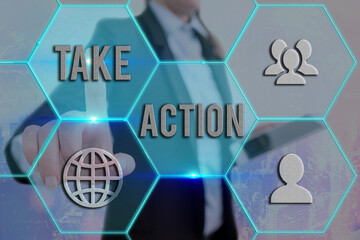 Text sign showing Take Action. Business photo showcasing advices someone to do something or reaction right now Grids and different set up of the icons latest digital technology concept