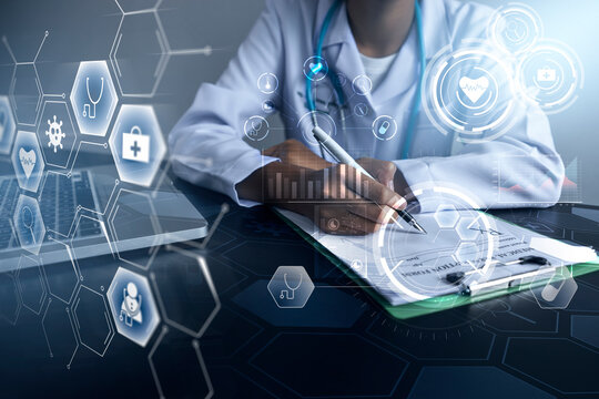 Doctor using computer laptop modern technology diagnosing analyzing patient’s health, medical healthcare diagnosis, close up medical professional working in hospital office, banner graphical icon
