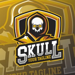 Maskot sports logo badge with skull in hood design