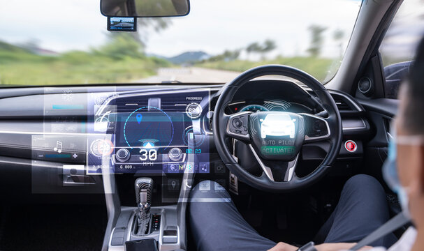 Auto pilot cruise mode self-driving car while sleeping taking rest, HUD Head Up Display and digital instruments panel autonomous user interface navigation utility screen smart technology businessman