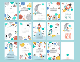 Cute galaxy calendar 2021 with astronaut, moon, rocket, planet for children, kid, baby.Can be used for printable graphic.Editable element