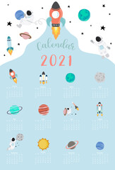 Cute galaxy calendar 2021 with astronaut, moon, rocket, planet for children, kid, baby.Can be used for printable graphic.Editable element