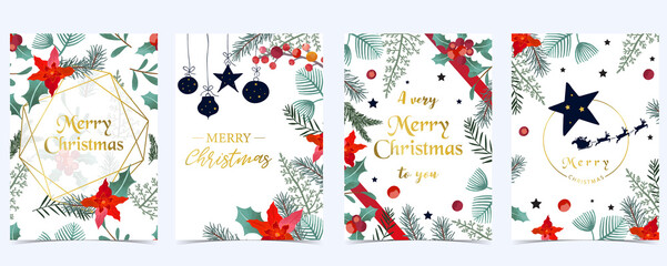 Collection of Christmas background set with holly leaves,flower,ribbon.Editable vector illustration for New year invitation,postcard and website banner
