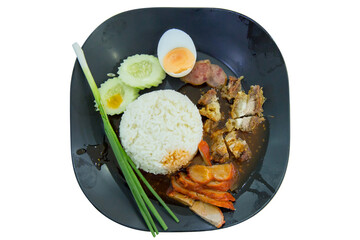 Top view of red pork with rice crispy pork, focus selective.