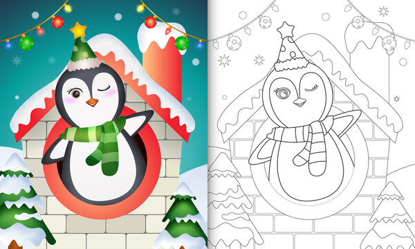 coloring book with a cute penguin christmas characters using hat and scarf inside the house