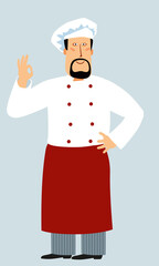 Cute lovely chef is showing ok sign. Funny cartoon character. Vector graphics