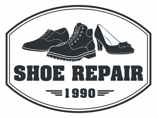 Shoe repair sign. Silhouette of various types of boots and shoes. Vector graphics