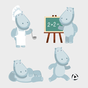 Little cute hippo. Childish character in various poses. Vector graphics