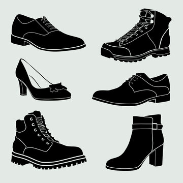 Shoes silhouettes. Various types of boots and shoes. Vector graphics