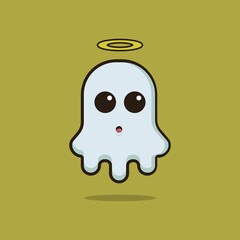 Illustration vector graphic of a cute ghost dressed in an angel. Dark yellow background. Fit for Halloween costume designs and Halloween themed book covers.