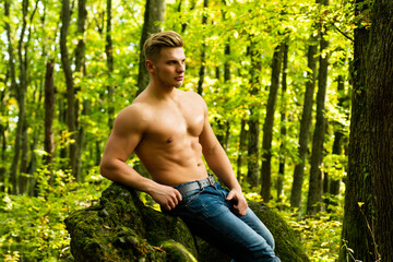 Sexy male bare torso outdoor. Handsome masculine man. Muscular guy with sexy perfect naked body.