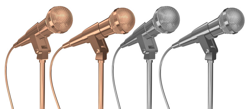 Two gold and two silver microphones on an isolated white background. 3d rendering