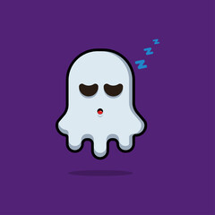 Illustration vector graphic of a sleeping cute ghost. Purple background. Suitable for Halloween costume designs and Halloween themed book covers.