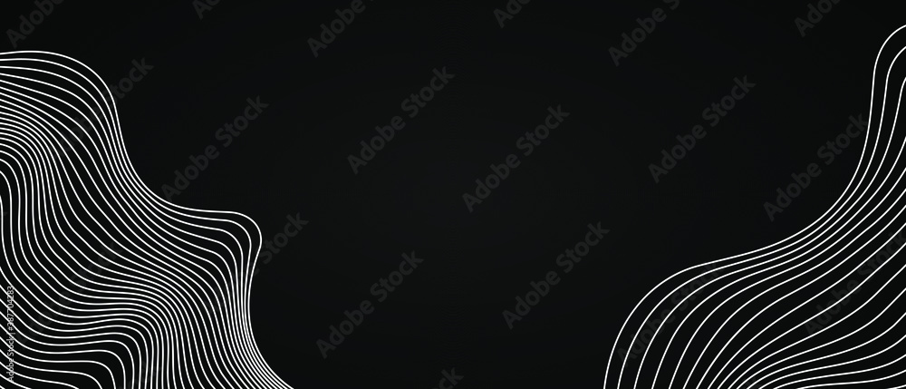 Poster Black background with wave lines. Modern dark abstract vector texture.