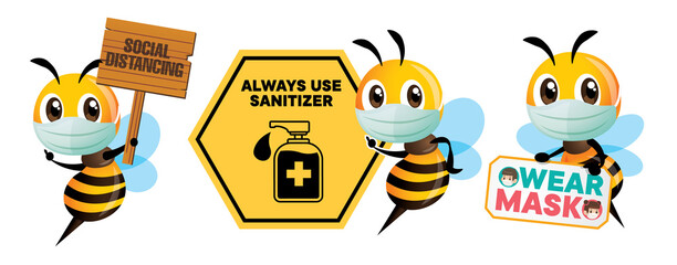 Prevention from virus. Cartoon cute bee wearing protective mask holding public awareness signboard for social distance, use sanitizer and wear mask. Stay safe from coronavirus. - vector