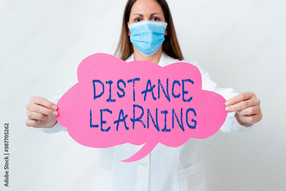 Poster handwriting text distance learning. conceptual photo educational lectures broadcasted over the inter