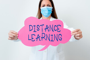 Handwriting text Distance Learning. Conceptual photo educational lectures broadcasted over the Internet remotely Laboratory technician featuring empty sticker paper accessories smartphone