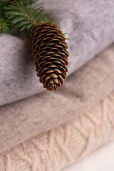 Woolen sweaters with spruce branch on white background