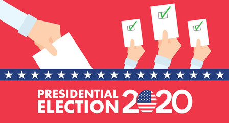 2020 United States of America Presidential Election Banner Illustration with hand putting voting paper and rise up the voting paper.