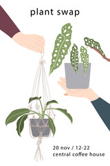 Plant swap, indoor plants exchange. Flyer for swap party. Houseplants market. Hands holding potted flowers. Ecological lifestyle. Vector flat cartoon illustration - 387705680
