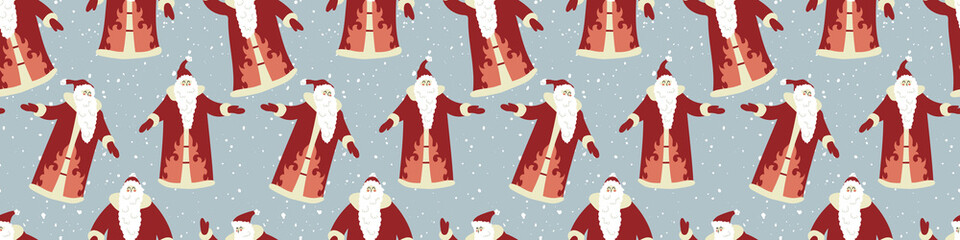 Seamless pattern with Santa Claus. Christmas and New 2021 Year. Vector flat cartoon illustration. Perfect for greeting card, invitation, textile, wrapping paper