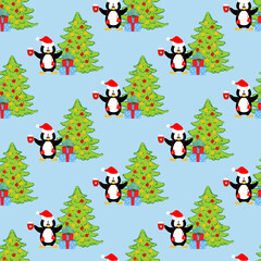 Penguin in christmas party costume seamless pattern