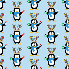 Penguin in christmas party costume seamless pattern