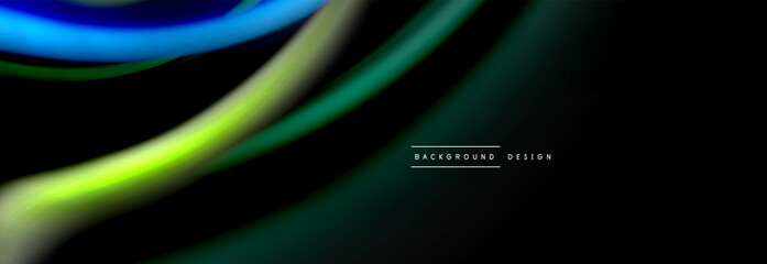 Dynamic motion abstract background. Color blurred stripes on black. Wave liquid lines poster. Vector illustration