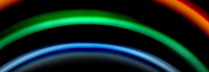 Dynamic motion abstract background. Color blurred stripes on black. Wave liquid lines poster. Vector illustration