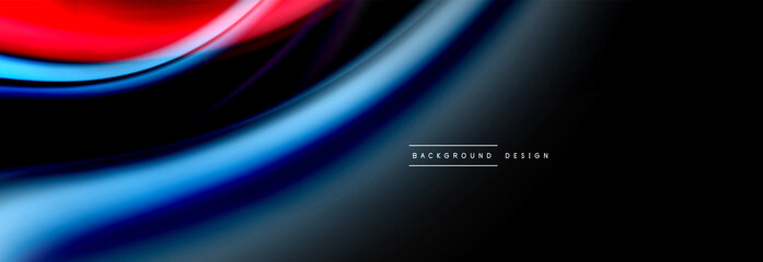 Dynamic motion abstract background. Color blurred stripes on black. Wave liquid lines poster. Vector illustration