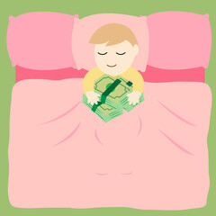 a man hug money during sleeping on the bed vector