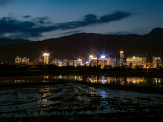 Fototapeta premium Downtown Evening Skyline in Jiaoxi Township , Yilan County