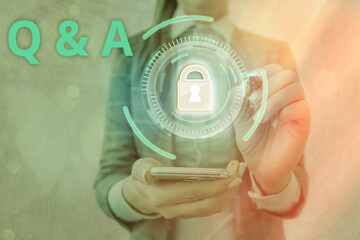 Text sign showing Q And A. Business photo text a period of time or an occasion when someone answers questions Graphics padlock for web data information security application system