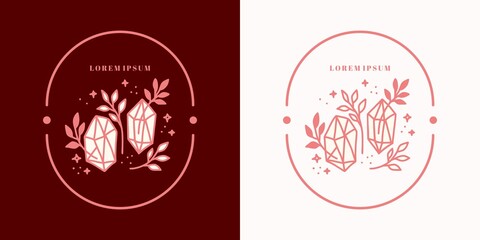 Hand drawn vintage crystal, gems, floral logo template, and feminine beauty brand element in elegant and minimal style